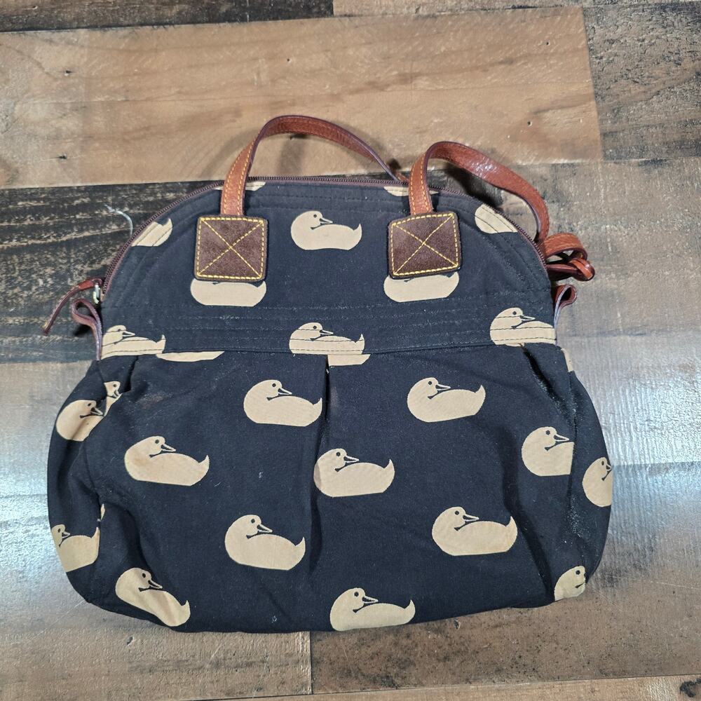 Vtg Dooney & Bourke Black & Cream Duck Patterned Canvas Bag w Hang Tag